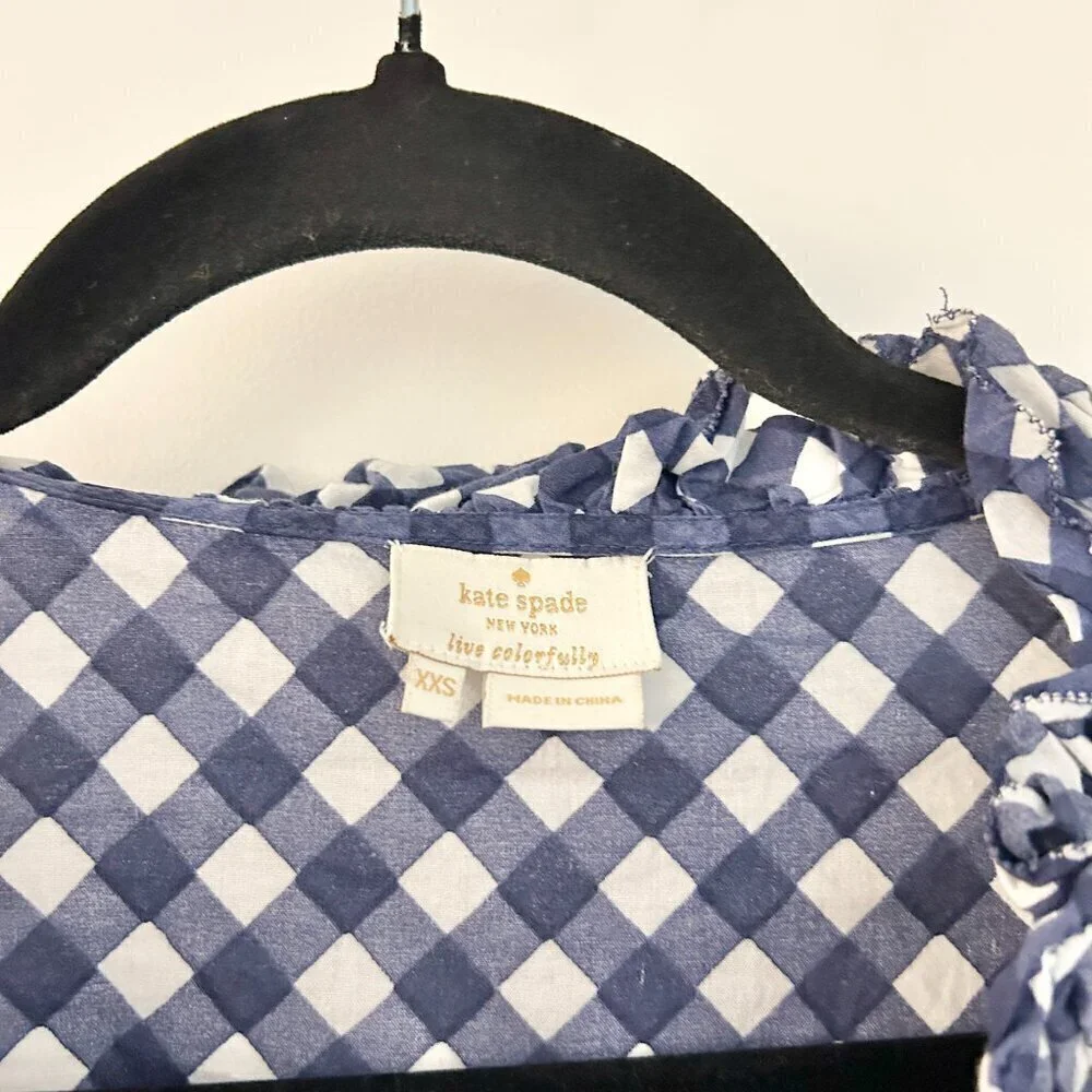 Kate Spade Gingham Print Ruffle Neck Tunic Top Size XXS
